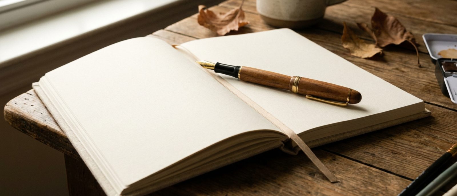 دفتر كتاني بقلم حبر — إضاءة طبيعية